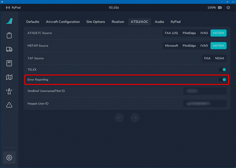 flyPad EFB Setting Error Reporting